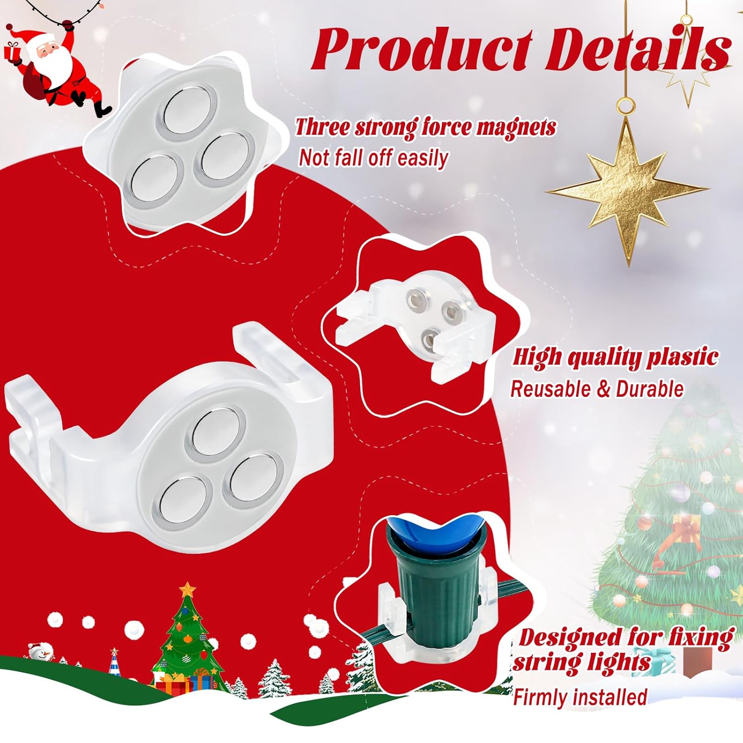 100 Pack C9 Magnetic Christmas Light Clips, Extra Strong Magnetic Clips Hooks For Christmas Lights, Magnet Christmas Light Clips For C9 C7 Sockets Metal Roof Gutters Outside Patio Holiday Lighting