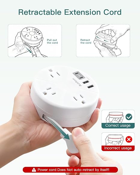 Cruise Approved Power Strip 3 Outlets 4 USB Ports 2 USB C 5FT Retractable Cord White