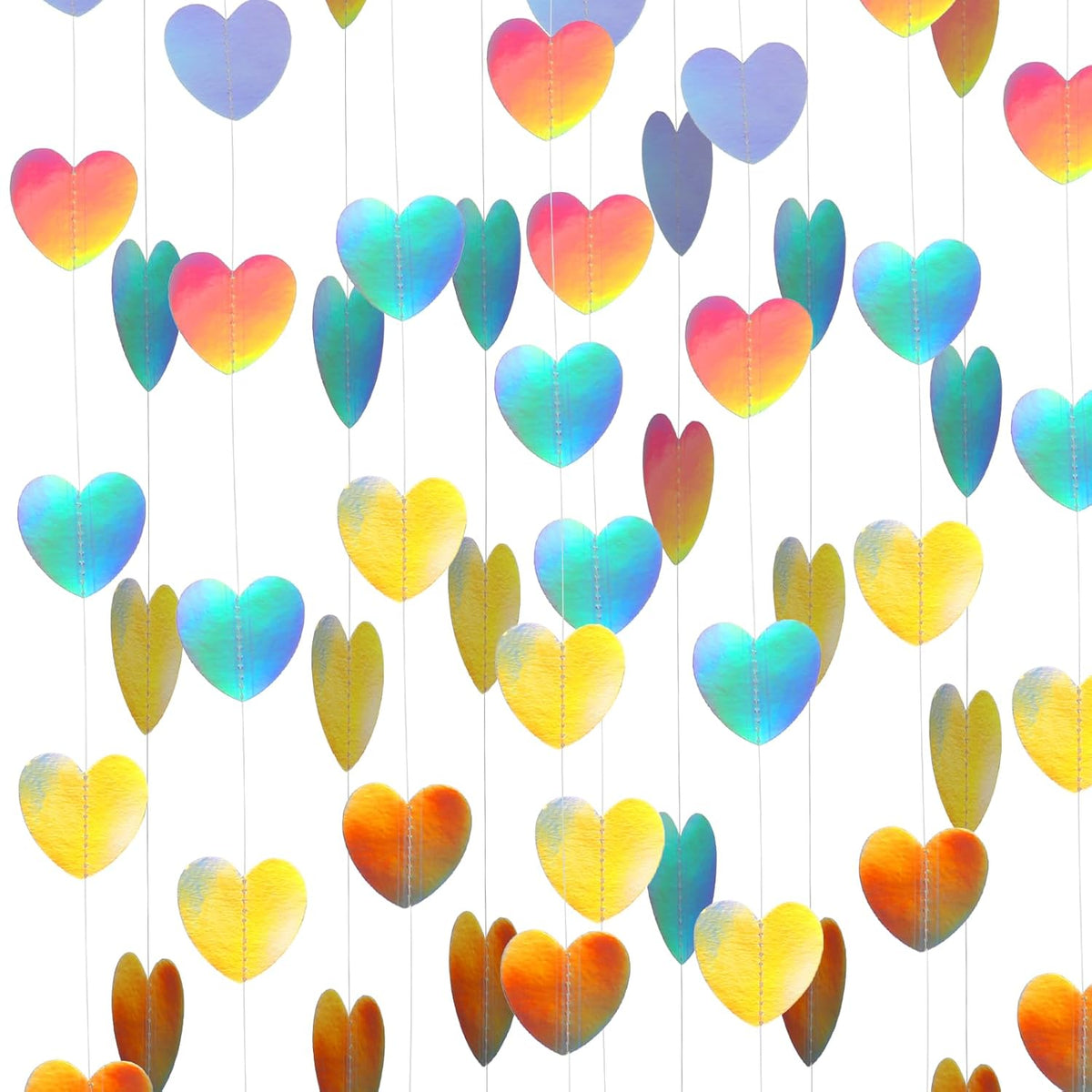 6.5Ft Heart Garland, Holographic Heart Streamers Christmas Paper Garland For Valentines Day Birthday Wedding Engagement Bridal Shower Bachelorette Winter Iridescent Party Decorations