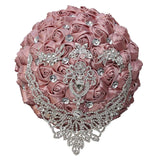 Handmade Luxury Wedding Bridal Bouquet Large Silk Rose Holding Toss Artificial Flowers Bouquets With Satin Ribbon Pearls Rhinestone For Bride Vintage Royal Wedding Bouquet (Dark Pink)