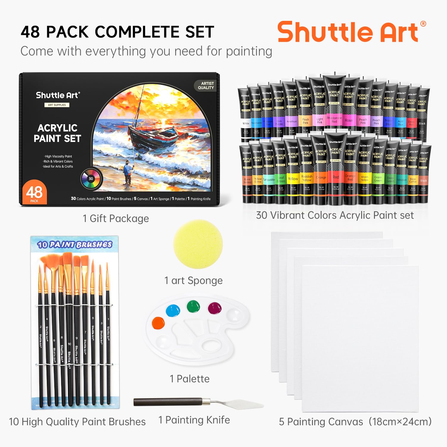 48 Pack Acrylic Paint Set, 30 Colors Acrylic Paint (36Ml) With 10 Brushes 5 Canvas 1 Paint Knife 1 Palette 1 Art Sponge, Complete Set For Kids, Adults Painting On Canvas Rocks Wood Ceramic