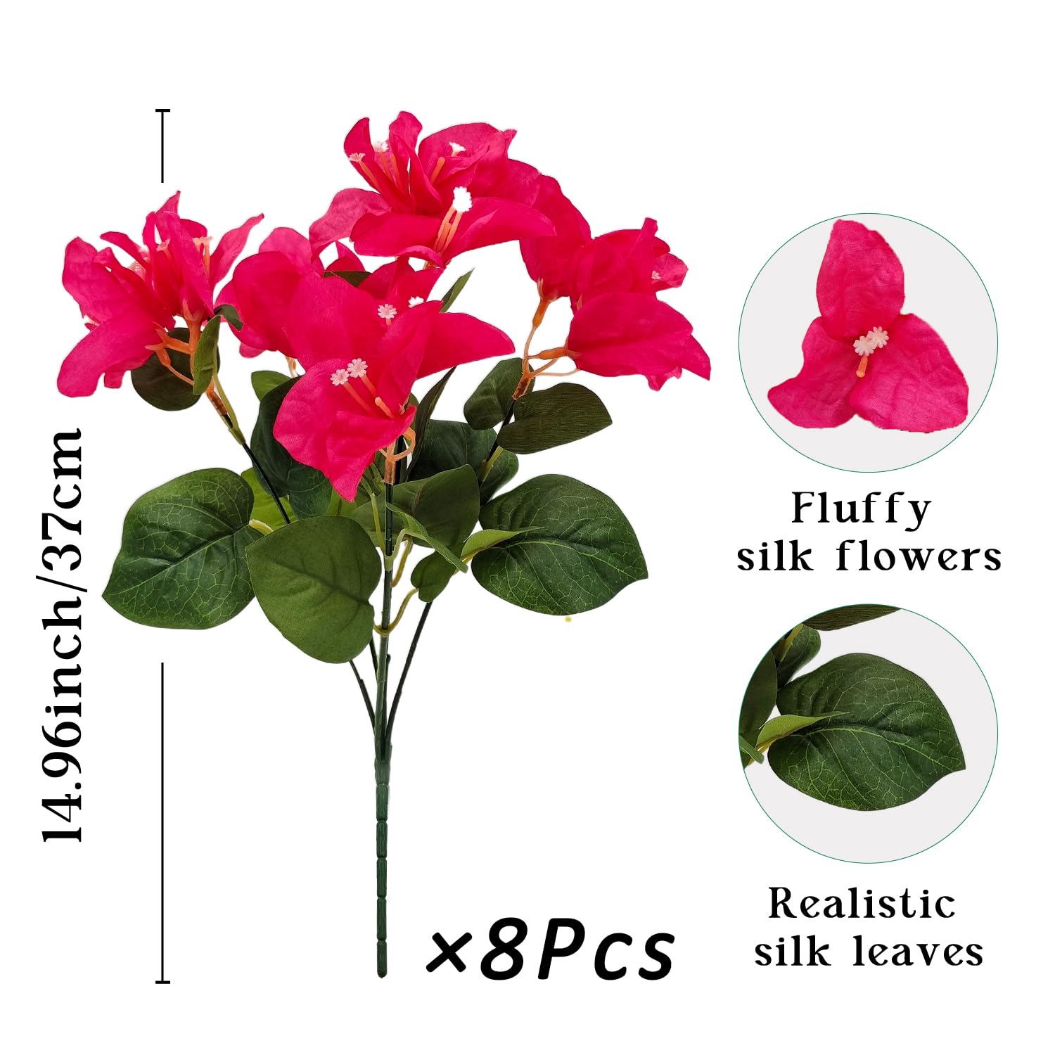 8 Bundles Artificial Flowers For Outdoors Uv Resistant Fake Bougainvillea Silk Flower Faux Plants For Porch Balcony Patio Garden Home Decor (Rose Red)
