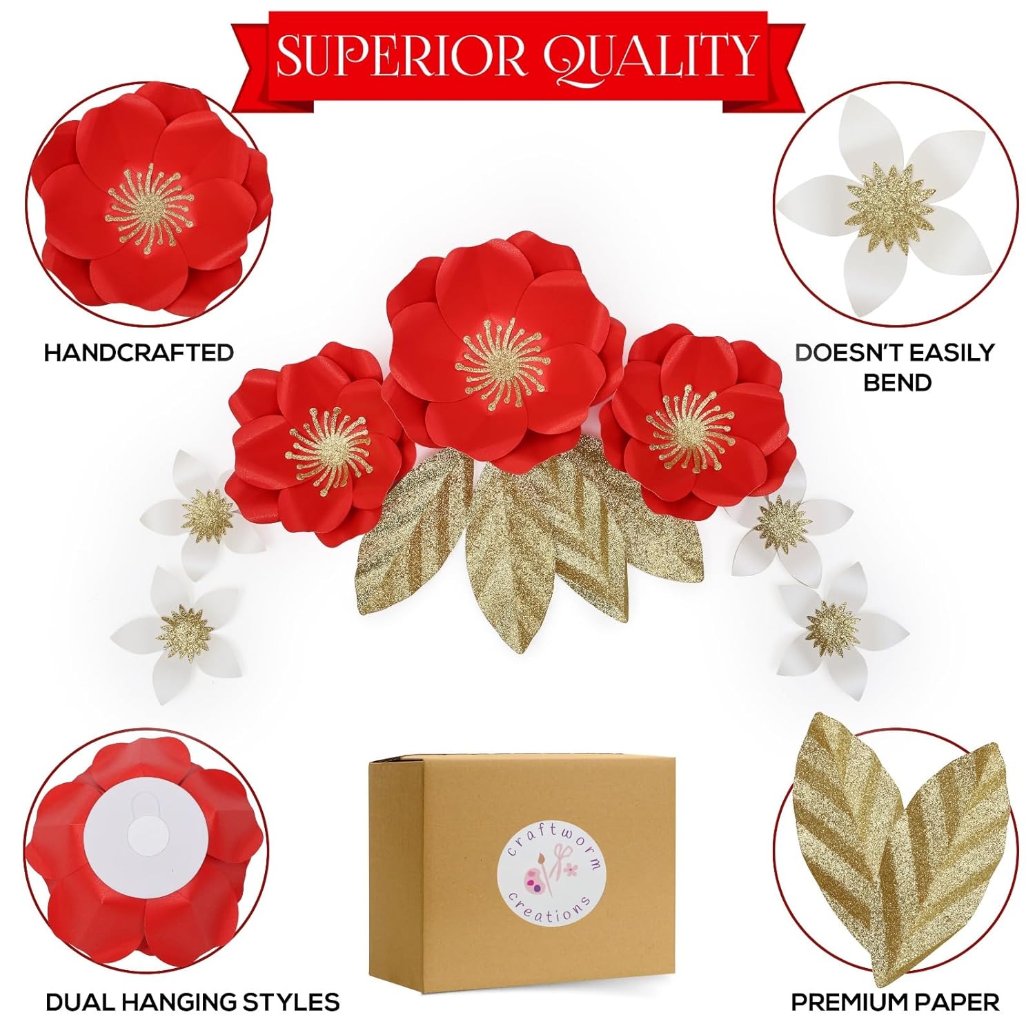 Christmas Paper Flower Set Of 11 – Red & Gold Shiny Cardstock 3D Flowers With Hook & Sticker – Dual Hanging Styles – Elegant Wall & Door Decor – Perfect For Holiday, Party & Home Decoration