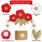 Christmas Paper Flower Set Of 11 – Red & Gold Shiny Cardstock 3D Flowers With Hook & Sticker – Dual Hanging Styles – Elegant Wall & Door Decor – Perfect For Holiday, Party & Home Decoration