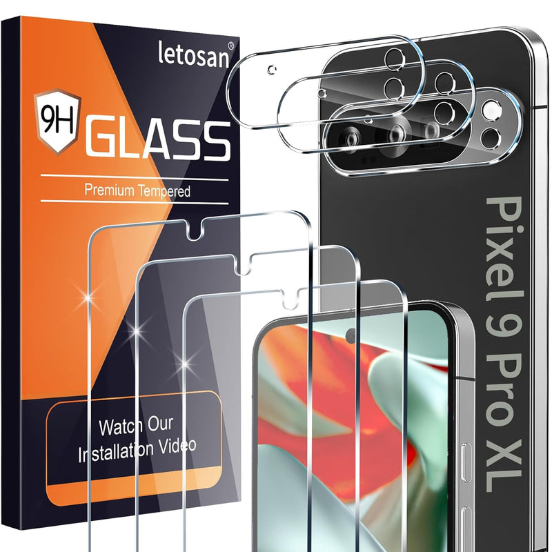 Pixel 9 Pro XL 3+3 Pack Screen Protector, 9H Glass, Case Friendly, HD Clear