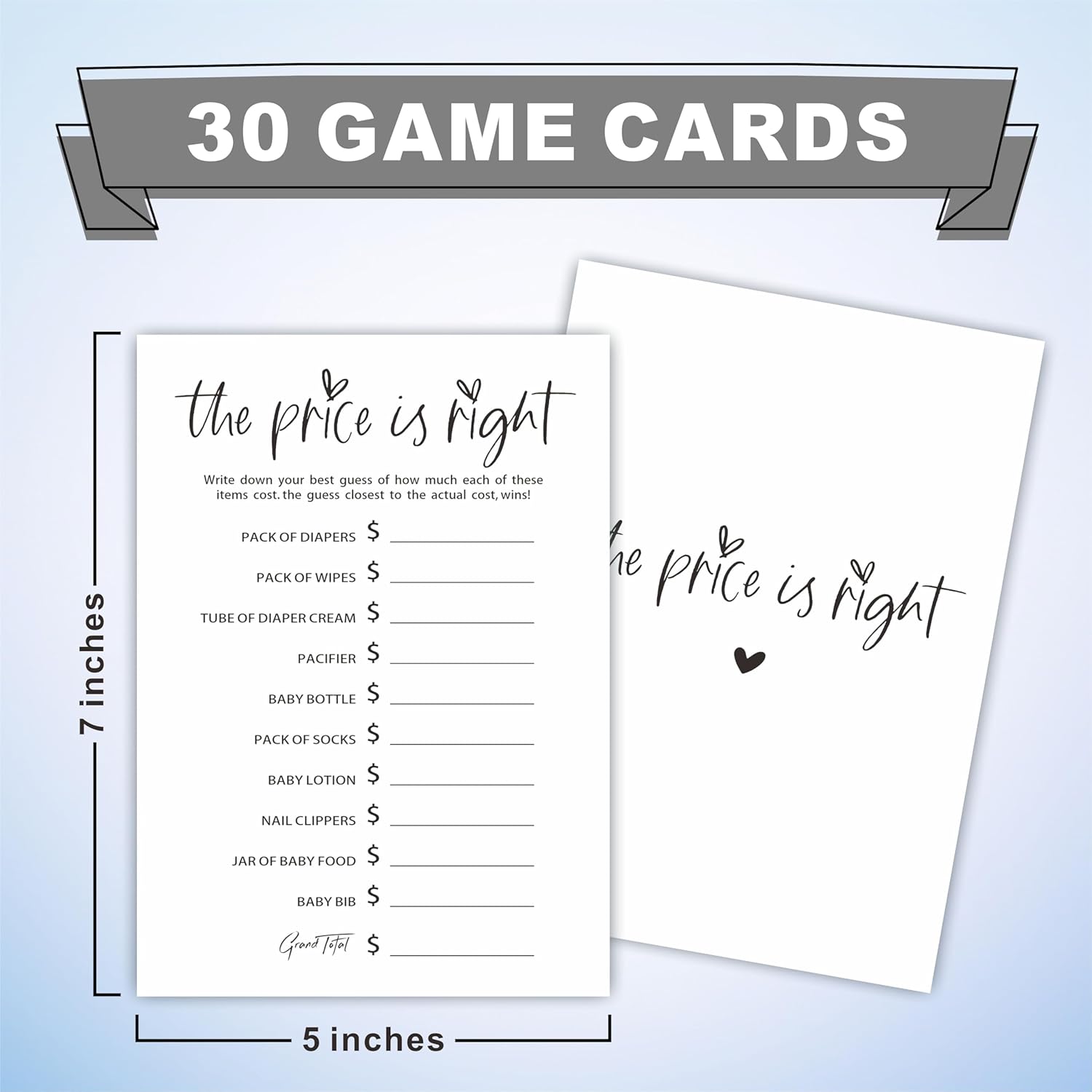 The Price Is Right Baby Shower Game Set - Classic White - 30 Double-Sided Fill In Style Game Cards, Gender Reveal, Baby Announcement, Party Favor & Supplies - B07