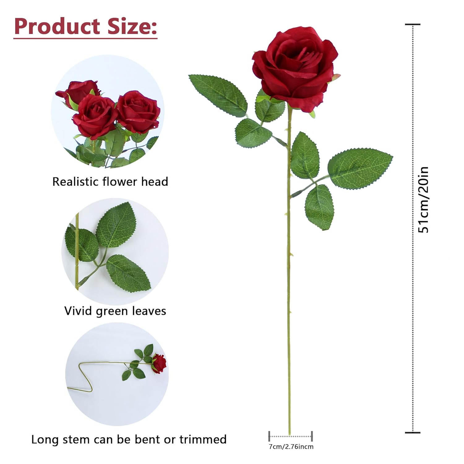 50Pcs Artificial Roses In Bulk Fake Silk Roses With Stem Realistic Red Roses For Home Wedding Centerpieces Party Decorations (50, Red)