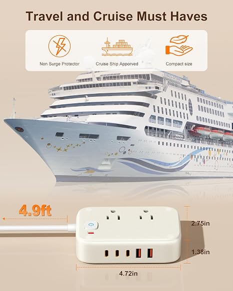 40W Travel Power Strip 2 Outlets 5 USB Ports 3 USB C 5FT Flat Plug Cruise Friendly