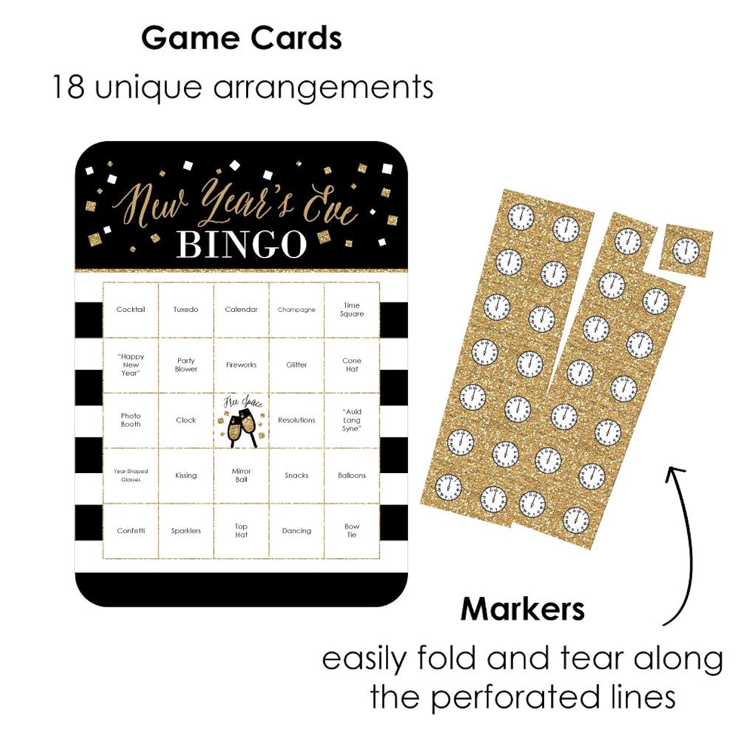 Big Dot of Happiness New Year’s Eve - Gold - Bar Bingo Cards and Markers - New Years Eve Party Bingo Game - Set of 18