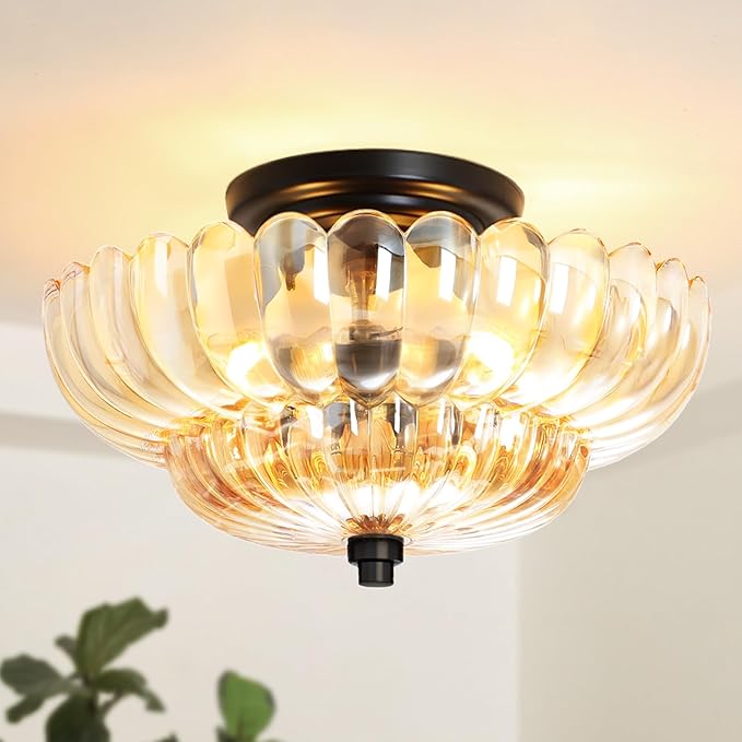 Vintage Black Glass Ceiling Light Semi Flush Mount Mid Century Modern Fixture