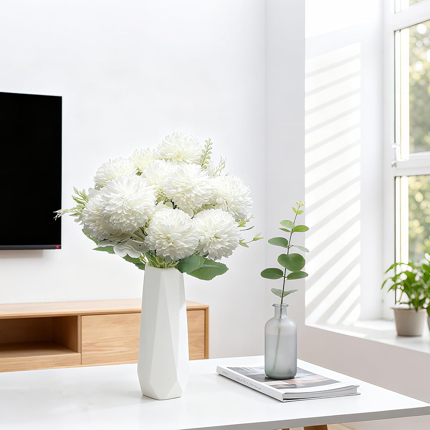 3 Bunches White Flowers Artificial Silk Ball Chrysanthemums Flower,Fake Flowers In Vase,Suitable For Home Decor,Weddings,Parties,Gardens,Restaurants. (White Ball Chrysanthemums)