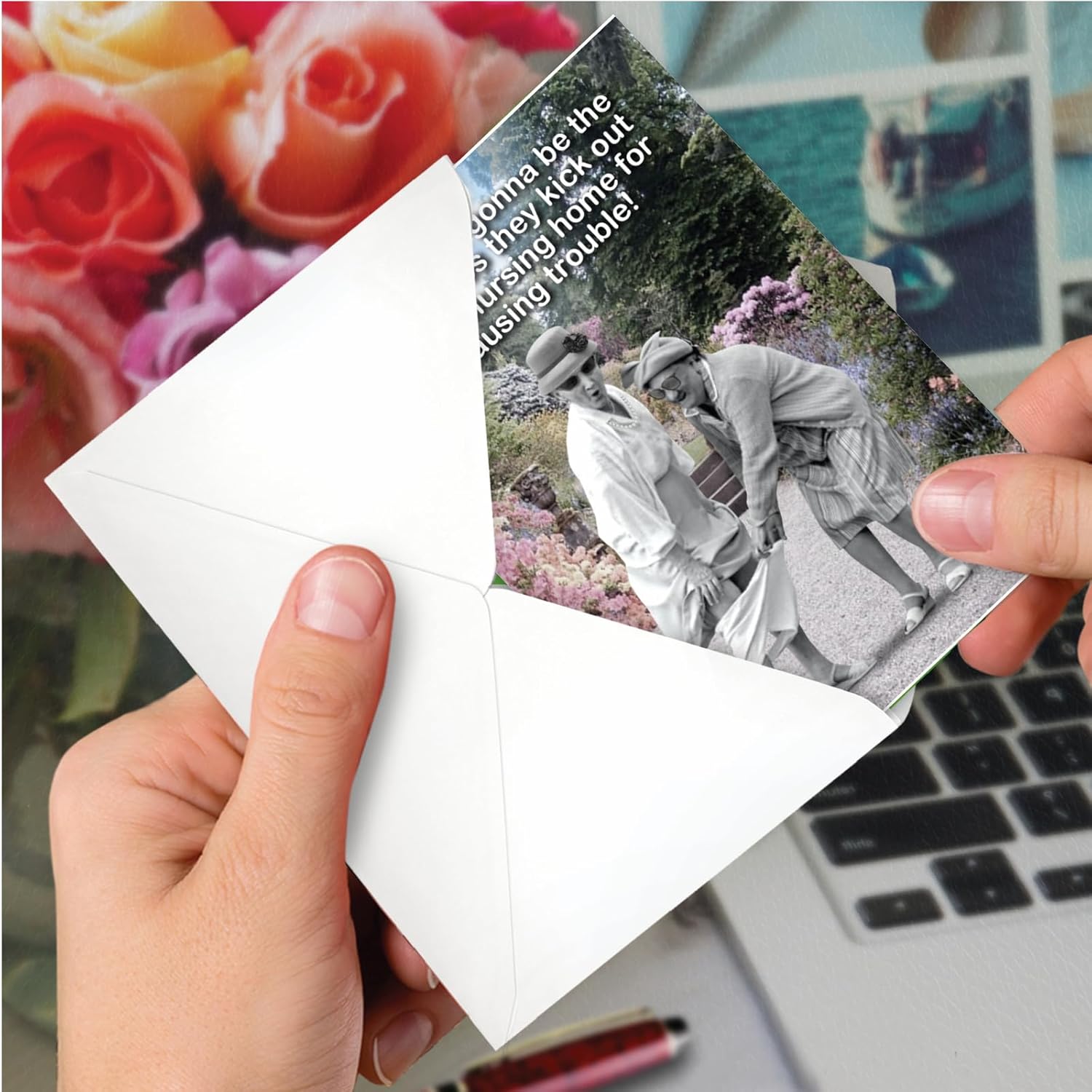 - 1 Funny Happy Birthday Greeting Card - Old Woman Humor, Notecard Talk Bubbles - Old Troublemakers C3567Bdg