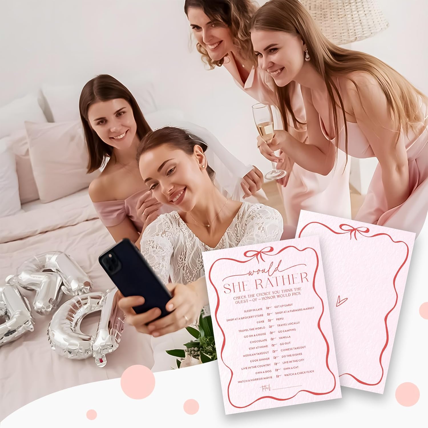 5" X 7" Pink Bow Bridal Shower Game Cards - Would She Rather - 30Pcs Double-Sided Fill-In Wedding Game Cards, Engagement & Wedding Party, Activities & Decor - A01