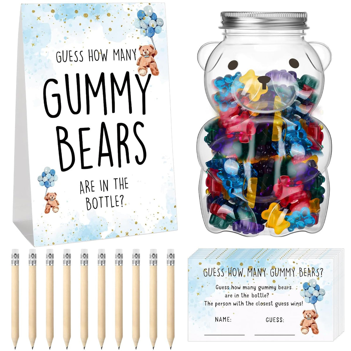 Baby Shower Games Guess How Many Bears Sign 100 Guessing Game Cards 10 Hb Pencils 1 Cute Bear Bottle For Guests Gender Reveal Party Favor(Blue)