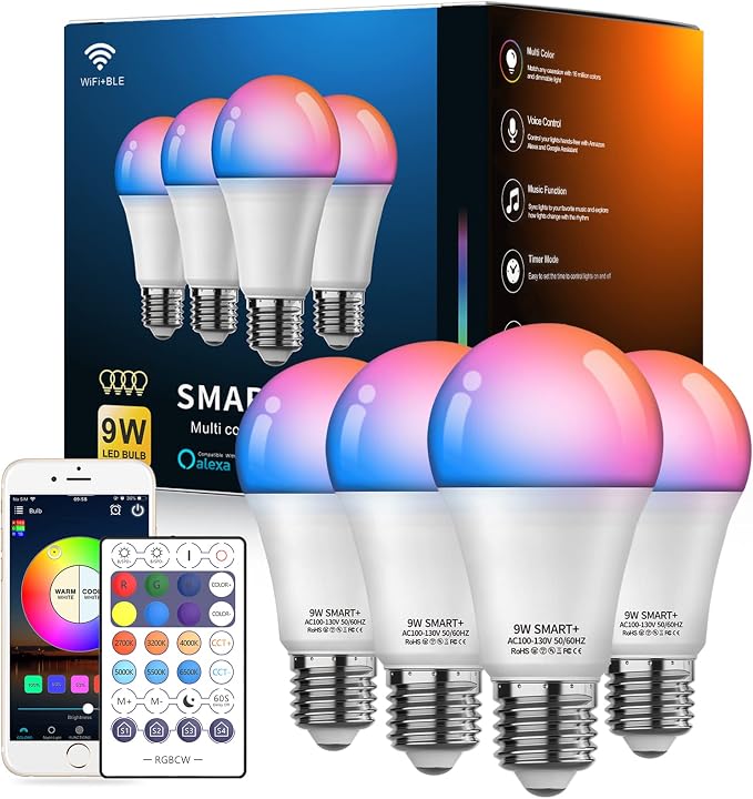 A19 Smart Light Bulbs 4 Pack WiFi Bluetooth RGB Color Changing LED Bulbs Alexa Google Compatible