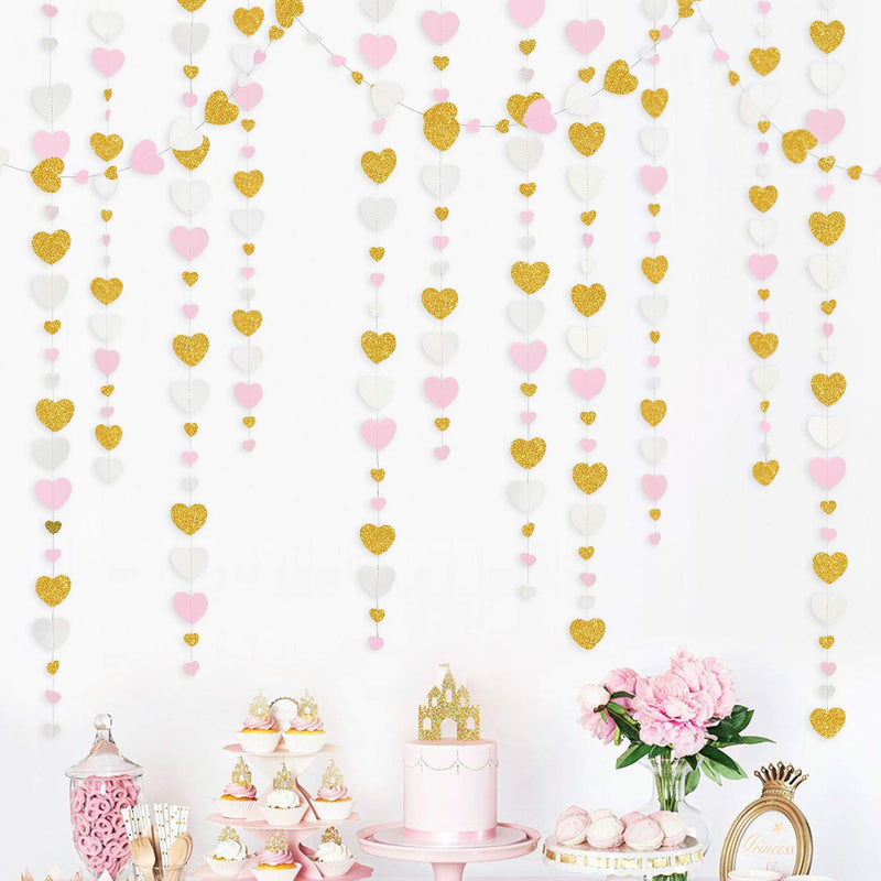 52 Ft Pink And Gold White Love Heart Garland Hanging Paper Streamer Ba