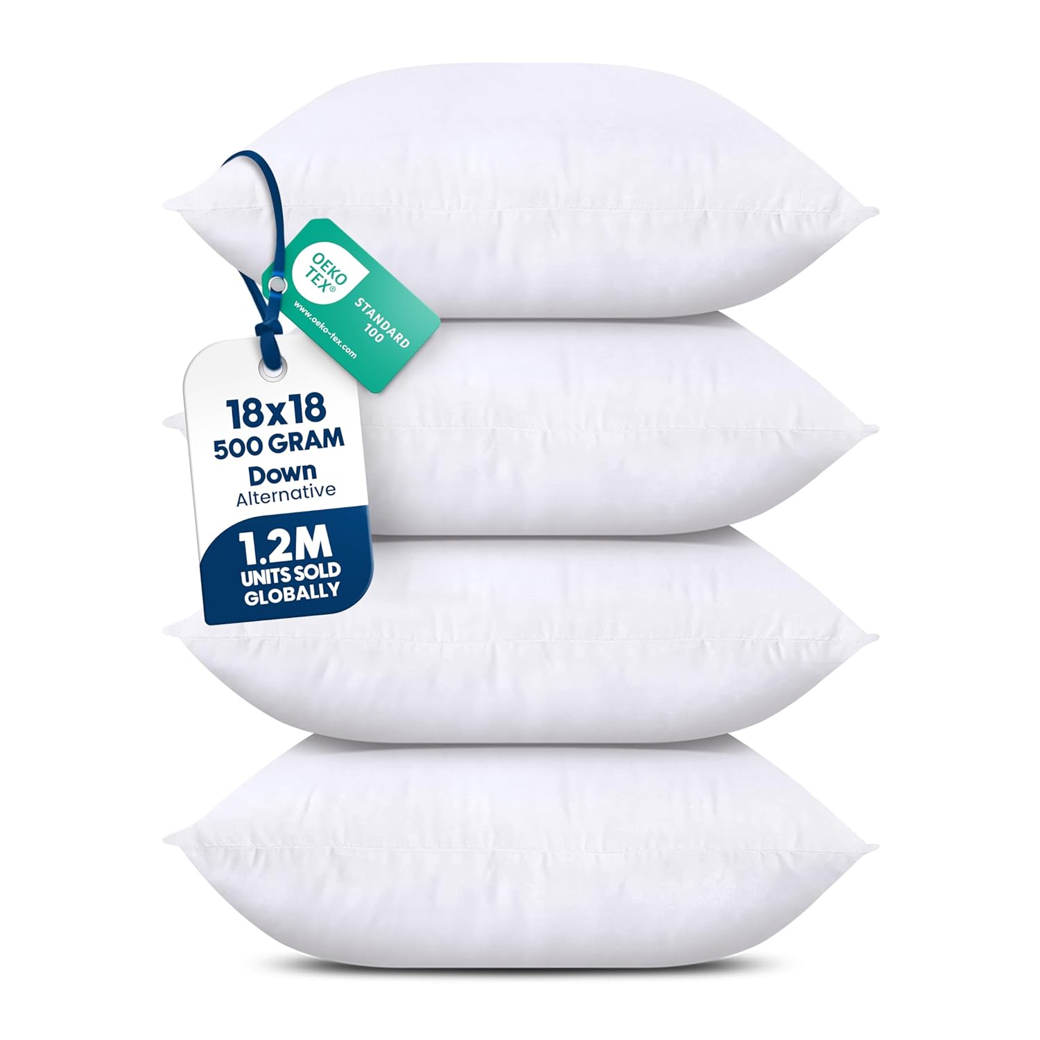 Throw Pillows (Set Of 4, White) – 18 X 18 Inches Down Alternative Pillows For Bed, Sofa, And Couch - Fluffy Decorative Stuffer Pillow For Indoors & Outdoors