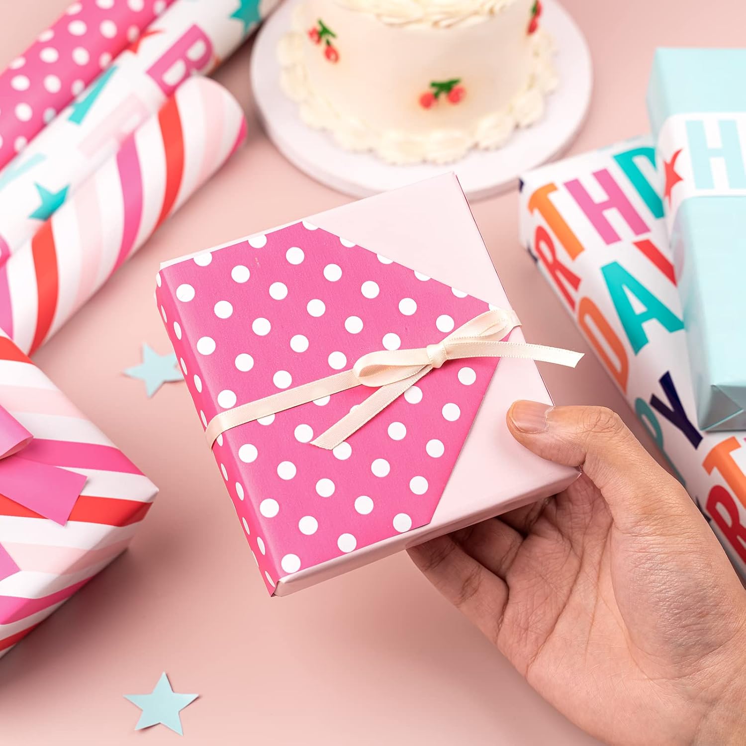 Reversible Birthday Wrapping Paper Roll - Mini Roll -Happy Birthday & Teal/Dot & Pink/Stripe And Hot Pink Design - 17 X 120 Inches - 3 Rolls (42.5 Sq.Ft.Ttl.)