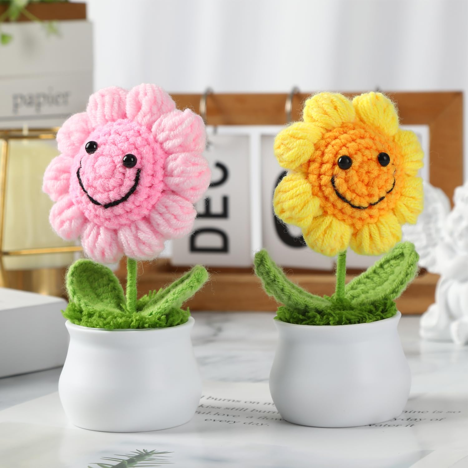 2Pcs Vibrant Smile Crochet Sunflower Artificial Flowers, Perfect For Office Desk & Car Dashboard Decor, Ideal Mother’S Day Birthday Gifts, Charming (Golden & Pink)