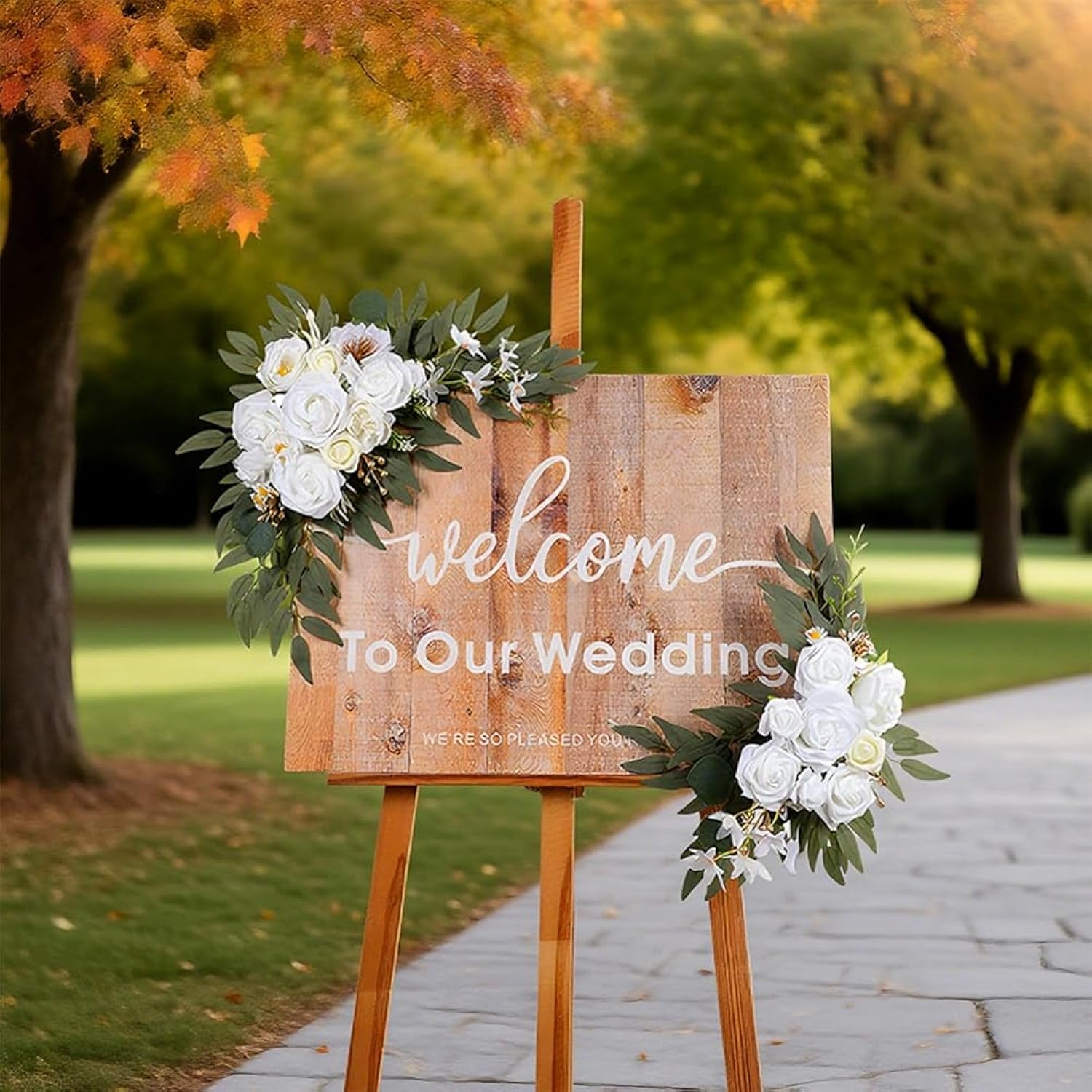 White Artificial Rose Flower Swag (Set Of 2) Floral Swag Flower Arrangement Wedding Arch Welcome Sign Ceremony Anniversary Birthday Party Bridal Shower Backdrop Home Decoration White
