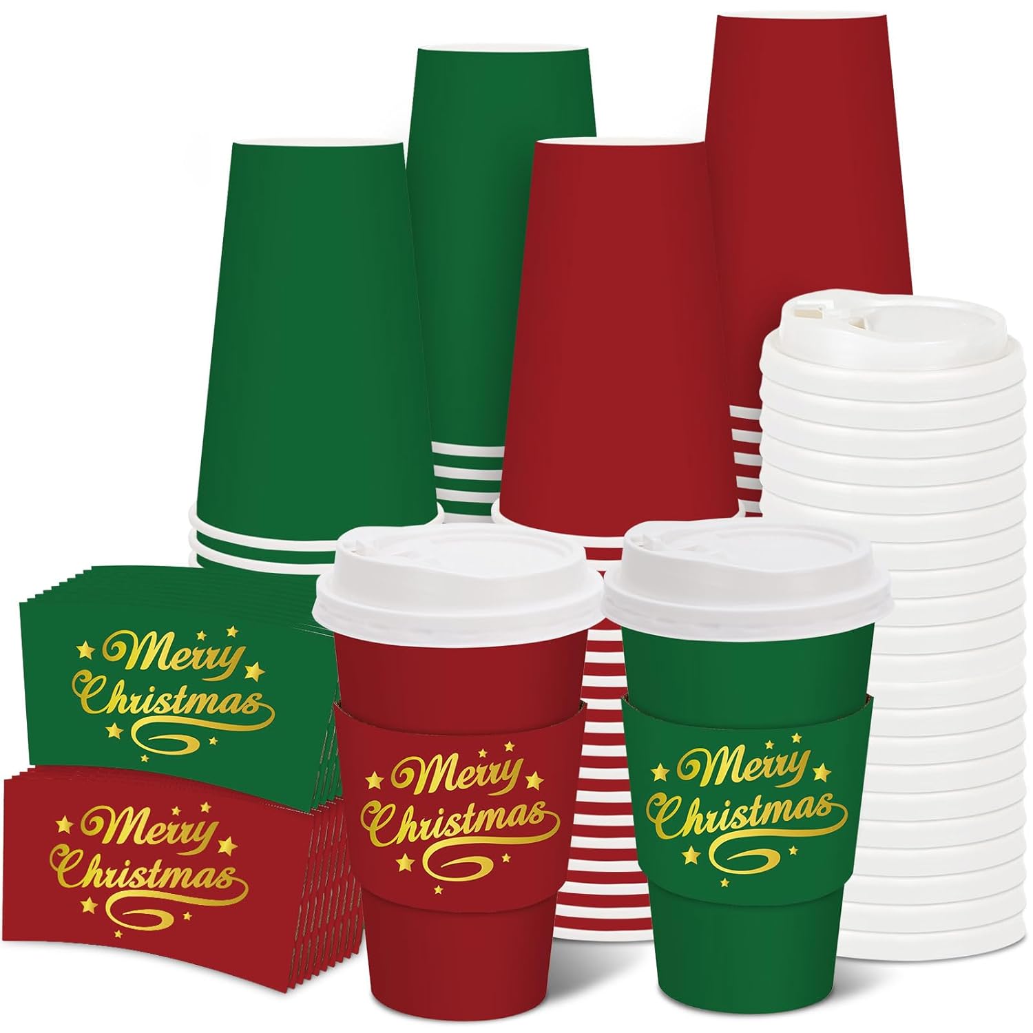 50 Set Christmas Disposable Coffee Cups With Lids And Sleeves Red Green Gold Merry Christmas Paper Drinking Cups For Xmas Party Supplies