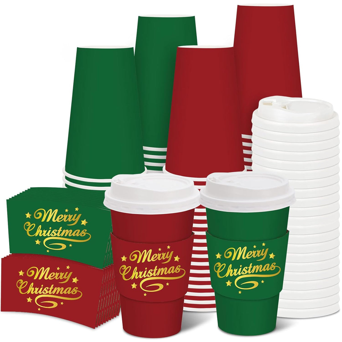 50 Set Christmas Disposable Coffee Cups With Lids And Sleeves Red Green Gold Merry Christmas Paper Drinking Cups For Xmas Party Supplies