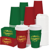 50 Set Christmas Disposable Coffee Cups With Lids And Sleeves Red Green Gold Merry Christmas Paper Drinking Cups For Xmas Party Supplies