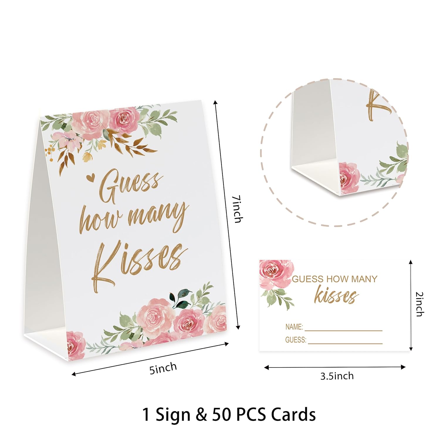 How Many Kisses Bridal Shower Game,(1 Standing Sign + 50 Guessing Cards), Floral Guessing Cards, Love Is Bloom Decorations, How Many Candies Baby Shower Game, Wedding Games For Guests-Gk05