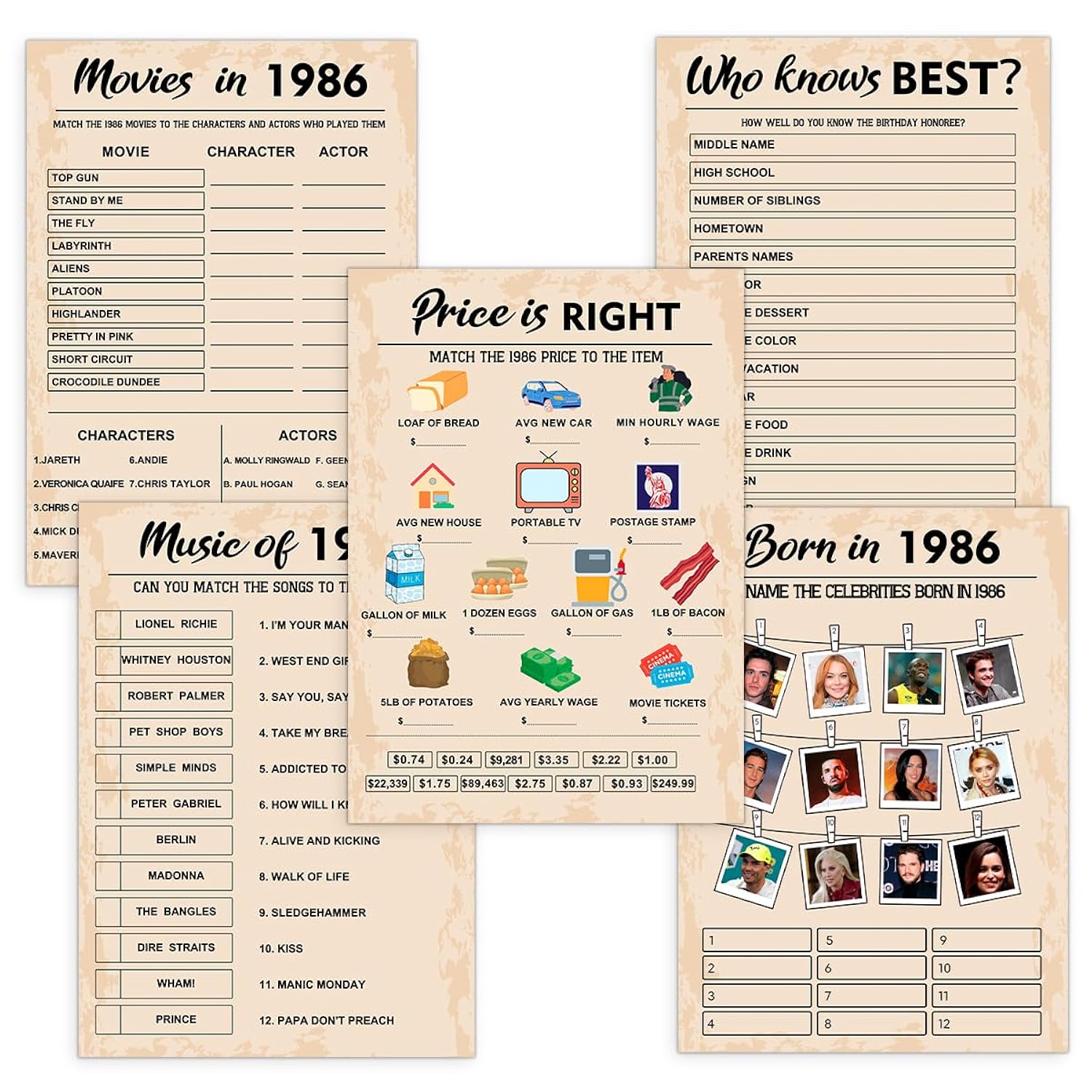 40Th Birthday Party Games, Born In 1986 Games Bundle, Set Of 5 Activities For 10 Guests, Birthday Party Supplies For Adults, Pack Of 50 Cards