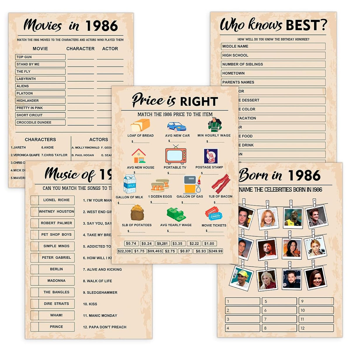 40Th Birthday Party Games, Born In 1986 Games Bundle, Set Of 5 Activities For 10 Guests, Birthday Party Supplies For Adults, Pack Of 50 Cards