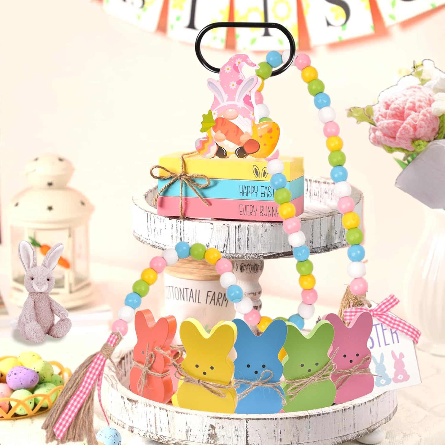 11Pcs Easter Tiered Tray Decorations,Spring Easter Bunny Gnome Decor With 3 Faux Book Stacks Bundle,Bead Garland Tiered Tray Decor Farmhouse Signs Table Decor Home Kitchen Decoration