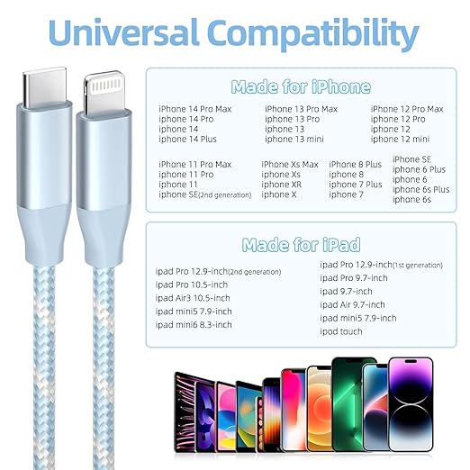 3 Pack Apple MFi Certified USB C to Lightning Cable 6FT Fast Charging Cord for iPhone 14 13 12 11 Pro Max iPad