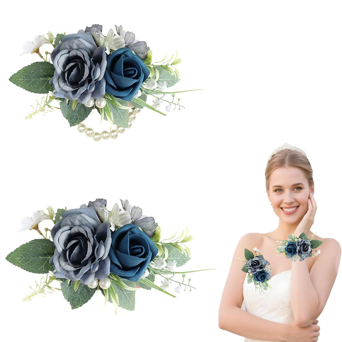Blue Corsage And Boutonniere Set For Bride Groom, Artificial Rose Flower Wrist Corsage Bracelets Homecoming Flowers Prom Suit Accessories Boutonniere For Wedding Prom Party Decorations
