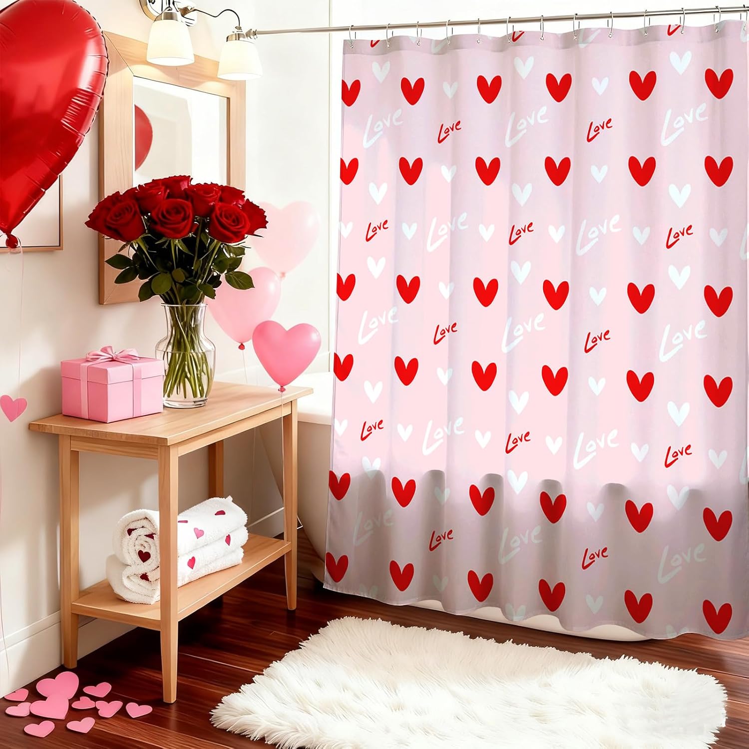 Valentines Shower Curtain Pink Red Heart Bathroom Shower Curtain Valentine Love Hearts Shower Curtains Bathtub Decor With 12 Hooks 72X72 Inches