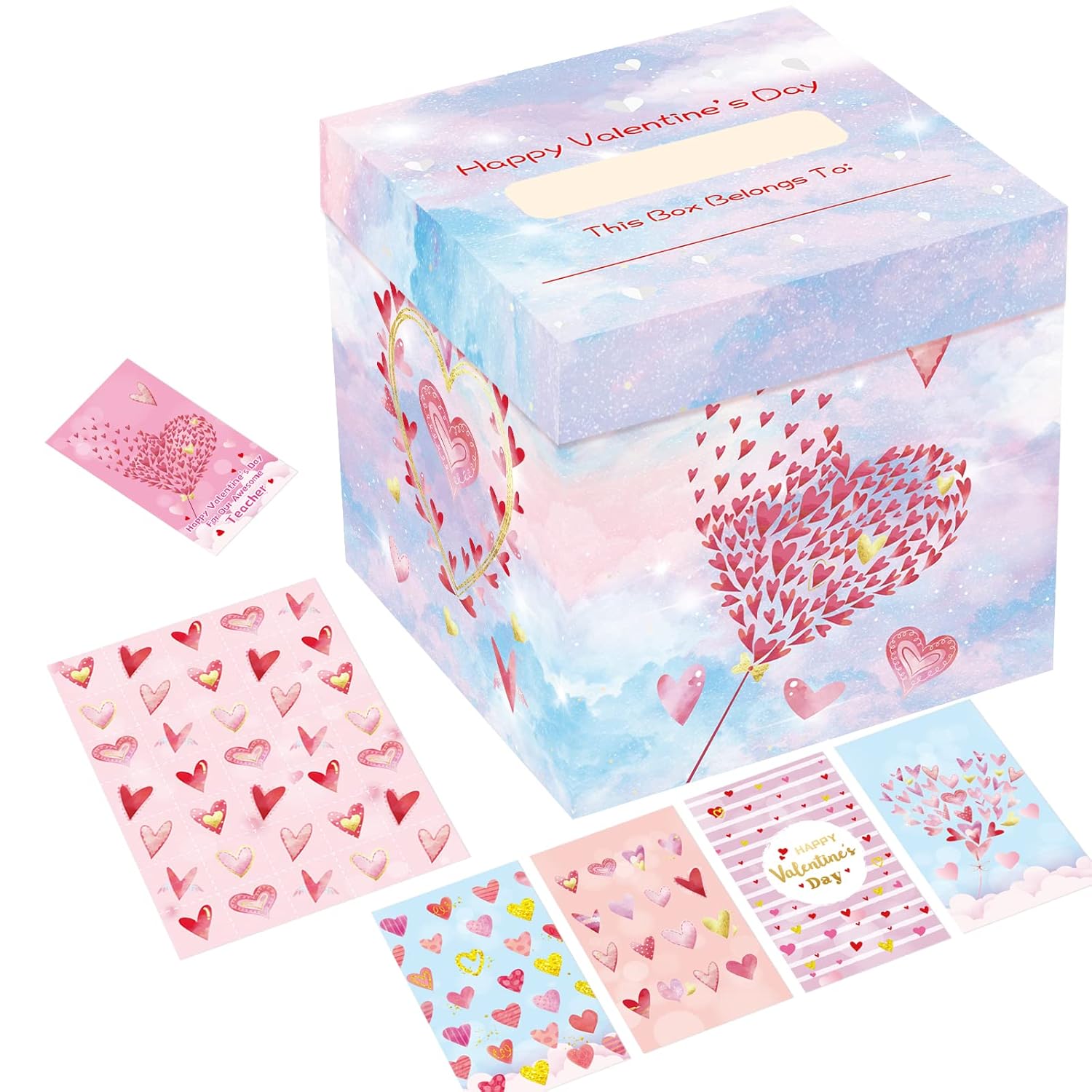 Valentine Boxes For Kids Valentines Day Cards With Heart Mailbox Set For Boy Girl Toddlers School Classroom Holiday Favor Exchange Supplies 1 Box, 32 Valentine Cards, 1 Teacher Card, 35 Stickers