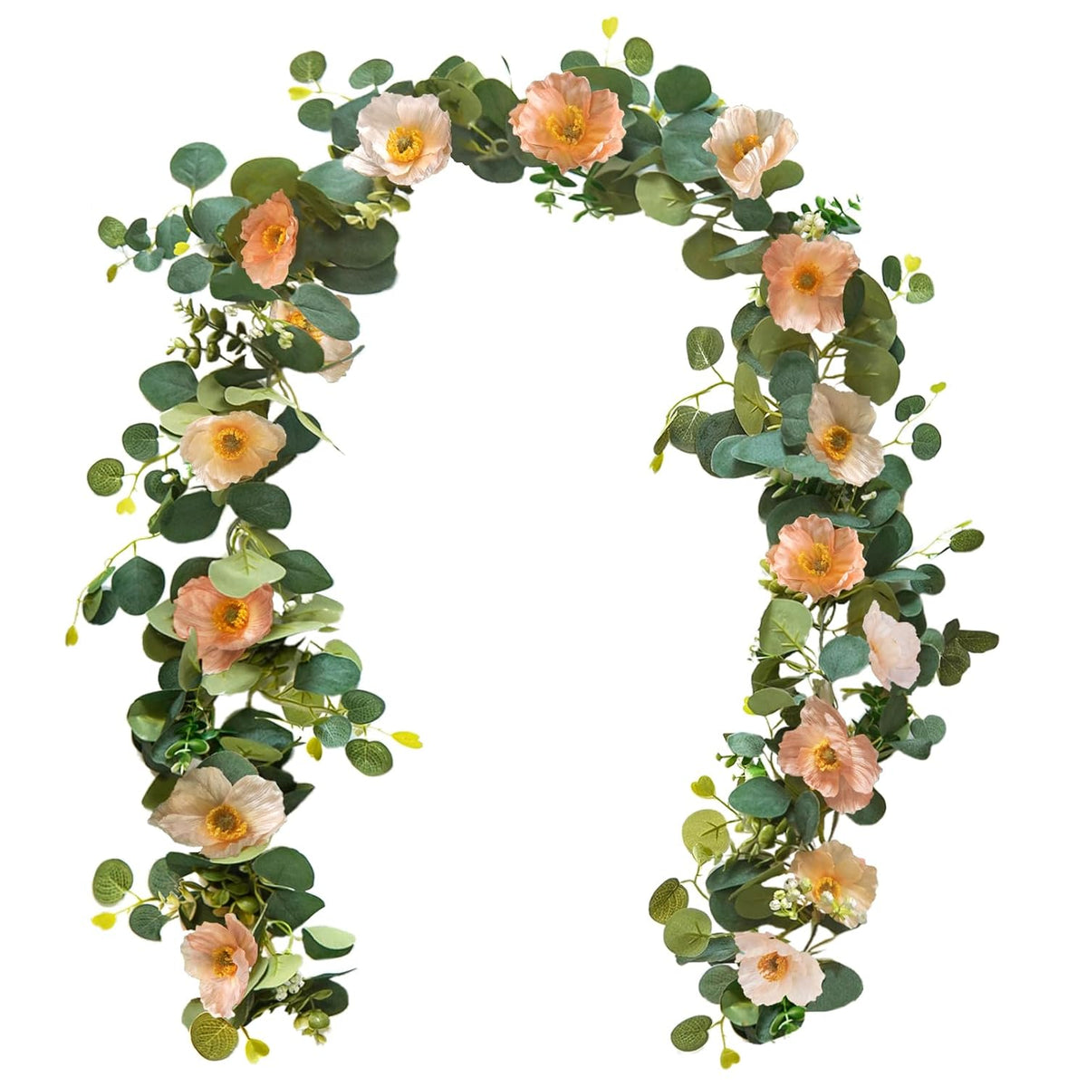 5.74 Ft Artificial Poppies Flower Garland, Floral Garland Greenery Vines With Eucalyptus Hanging Flowers Vines For Home Wedding Mantle Table Outdoor Decor (Coral)