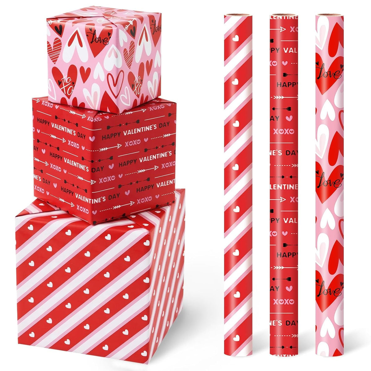 Valentines Wrapping Paper Rolls - 3 Roll 17”X 120” Happy Valentines Day Gift Wrap Supply Red Love Heart Stripe Design Girls Princess Style For Women Valentine Date Favor
