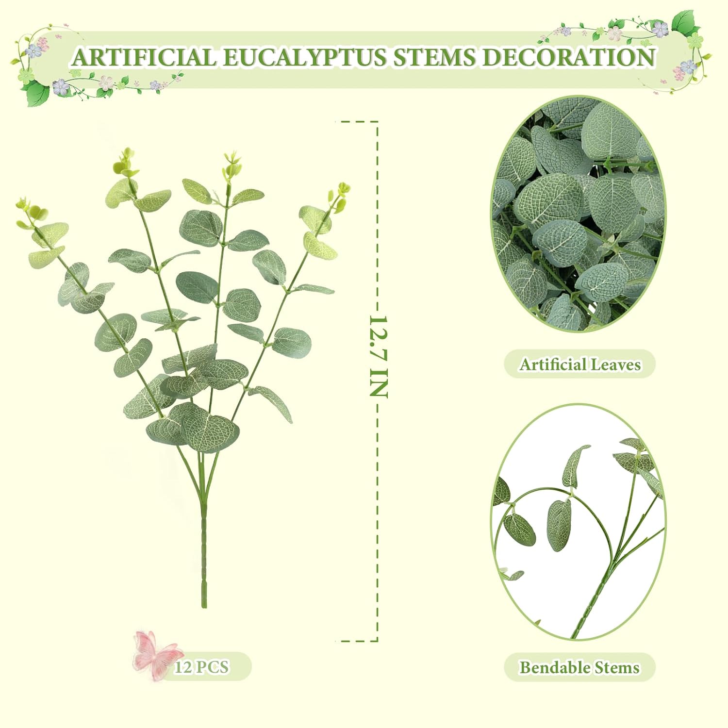 Artificial Eucalyptus Stems, 12.7 Inch Realistic Foliage Faux Stems Branches With Leaves For Vase Centerpiece Spring Wedding Decorations, Green, 12 Pcs