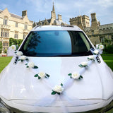 Wedding Car Decorations Kit - Floral Garland, Luxury Bridal Car Decor, Elegant Artificial Flower Bouquet, Wedding Ribbon Bows, Bride Car Accessories For Party Events
