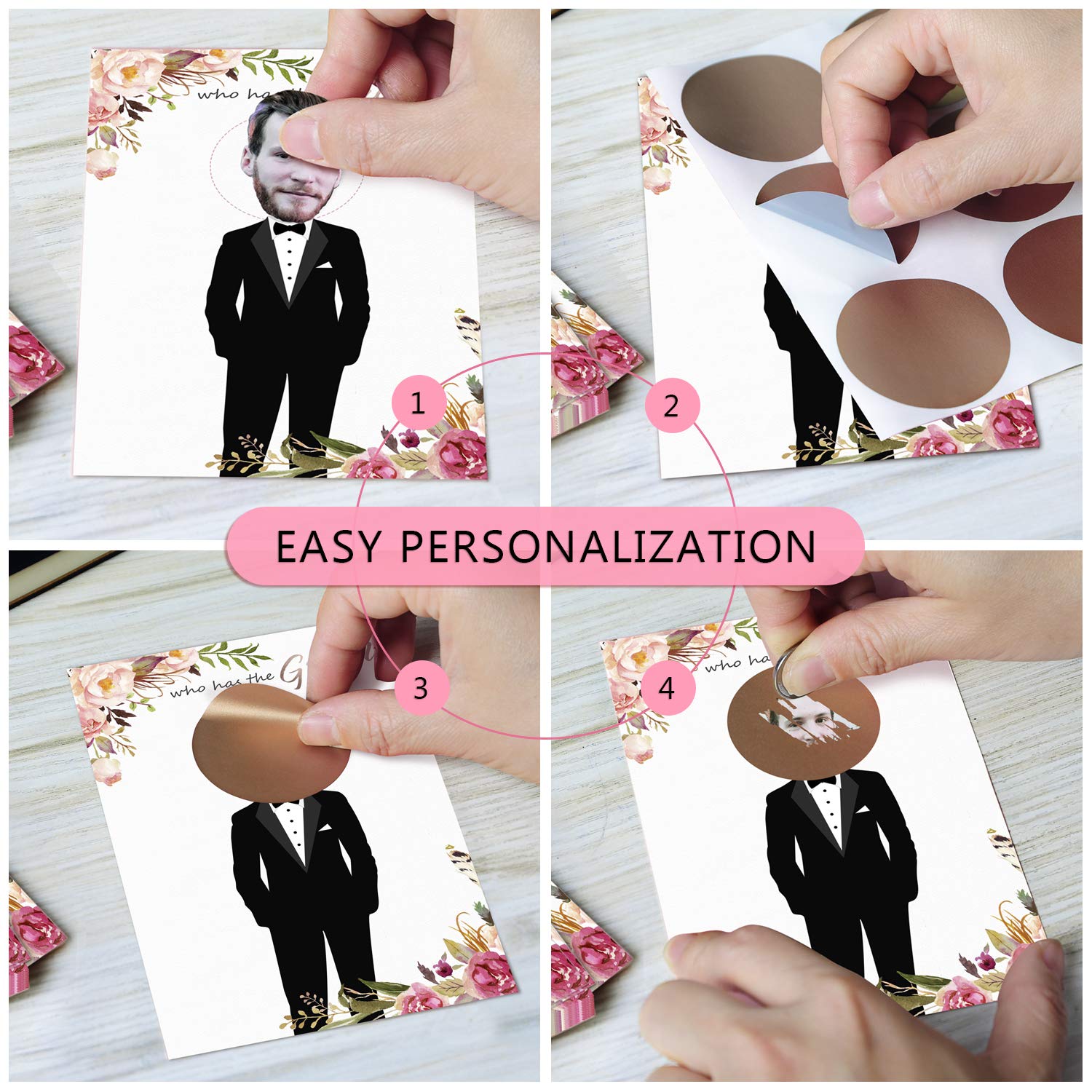 Floral Bridal Shower Games - Who Has The Groom Scratch Off Celebrity Cards Tickets For 48 Guests - Funny Bachelorette Party Games Ideas - Rose Gold White