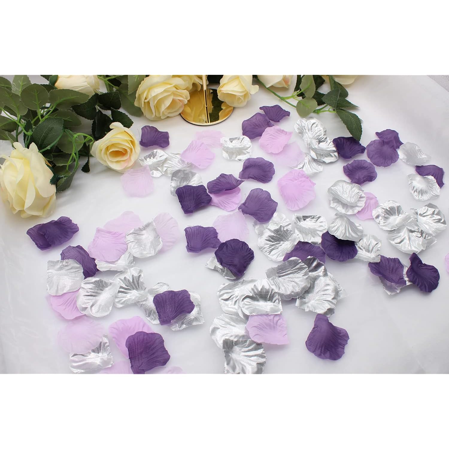 1000Pcs Purple Lavender Silver Silk Rose Petal Violet Lilac Silver Artificial Flower Petal For Wedding Flower Girl Basket Aisle Runner Scatter Dinner Table Party Confetti Graduation Decoration