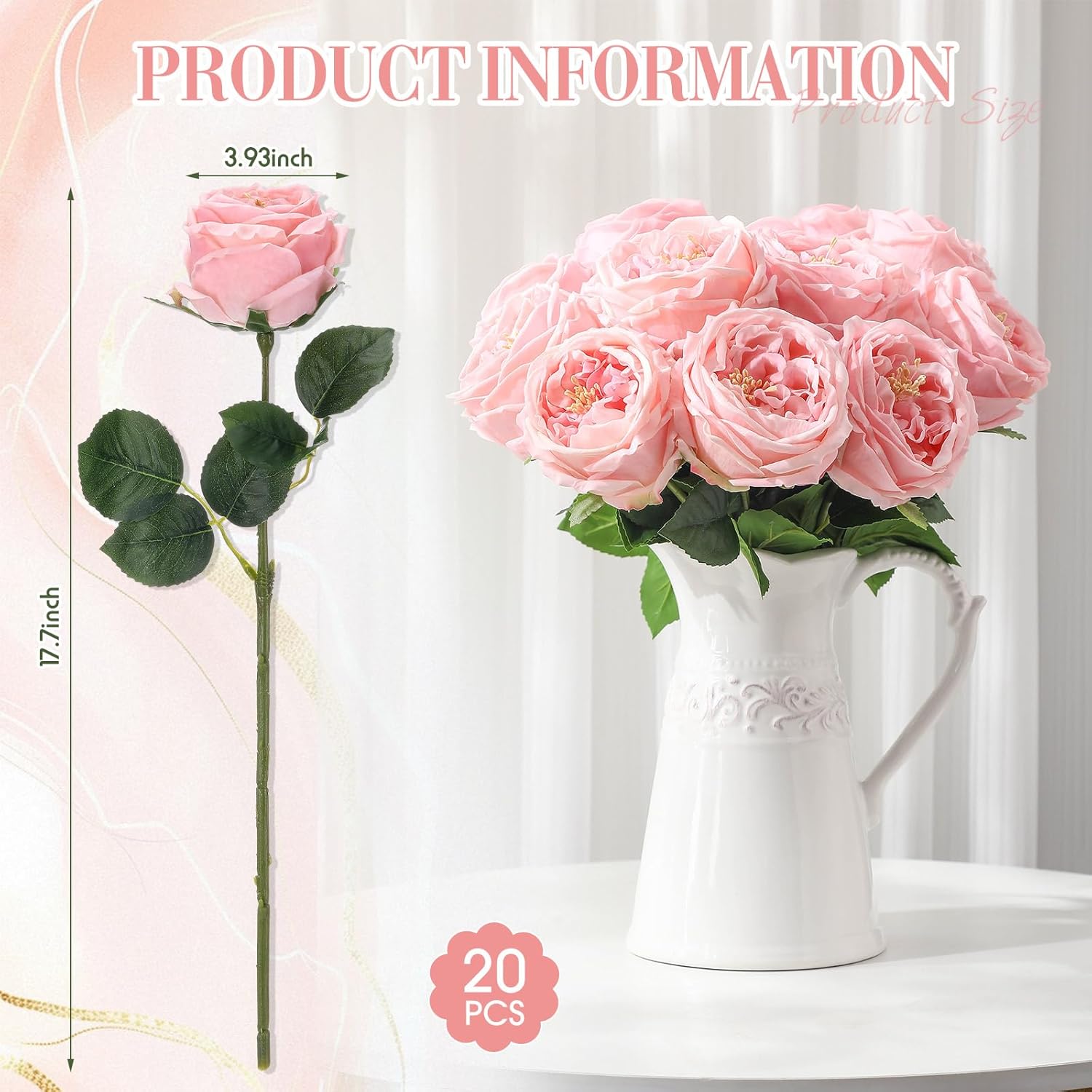 20 Pcs Real Touch Peonies Austin Roses Artificial Flowers, Faux Look Real Long Stems Fake Flower With Big Blooms For Christmas Valentines Wedding Party Diy Arrangement Home Decor(Pink)