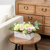 MyGift Artificial Floral Arrangement with Faux Pink Peonies, Green Hydrangea and Foliage in White Washed Solid Wood Planter Box, Tabletop Flower Centerpiece for Home Decor, Wedding, Events