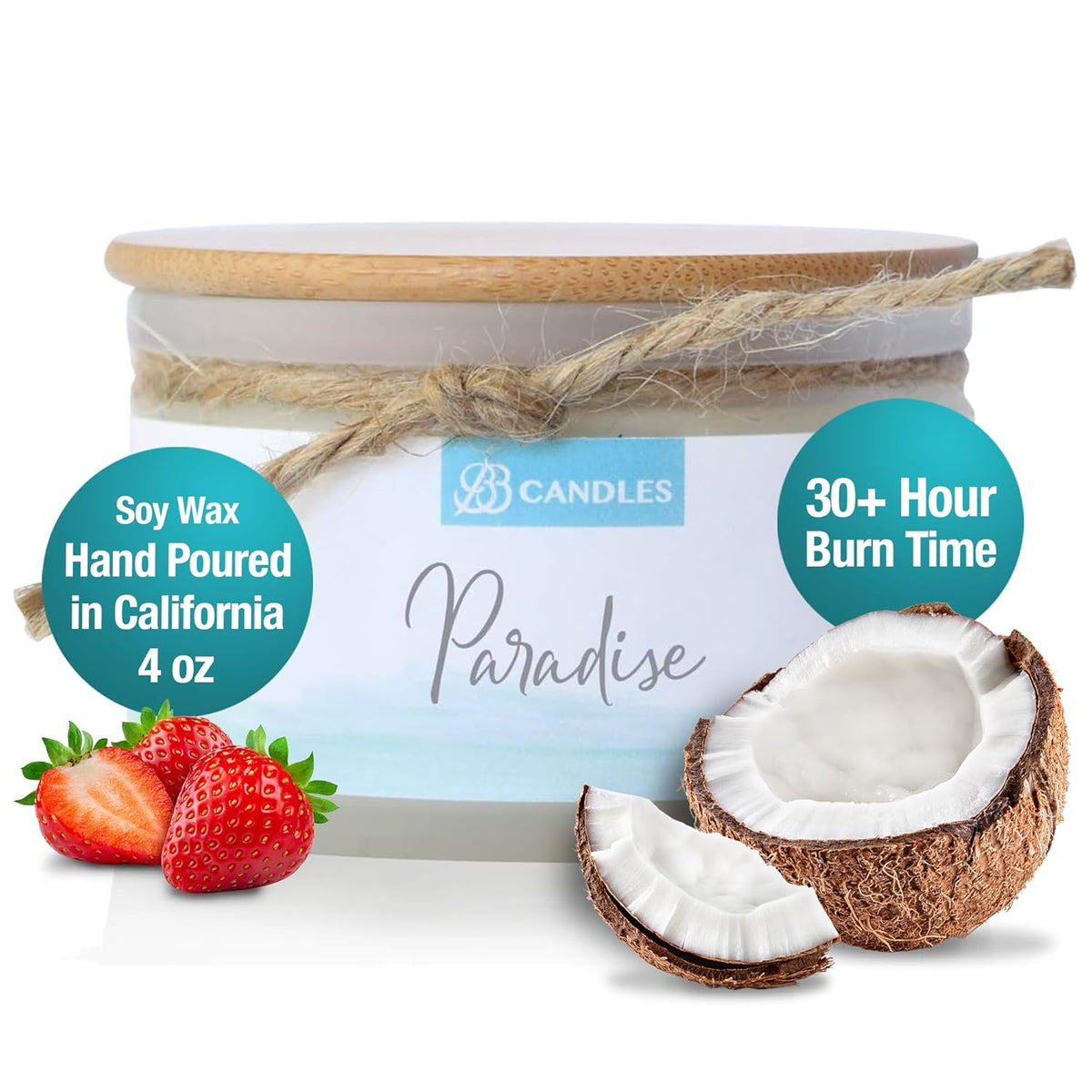 Coastal Essentials Natural Soy Hand Poured Candle - Paradise Scent, Strong Fragrance, Artisan, 4Oz, 30+ Hour Burn Time