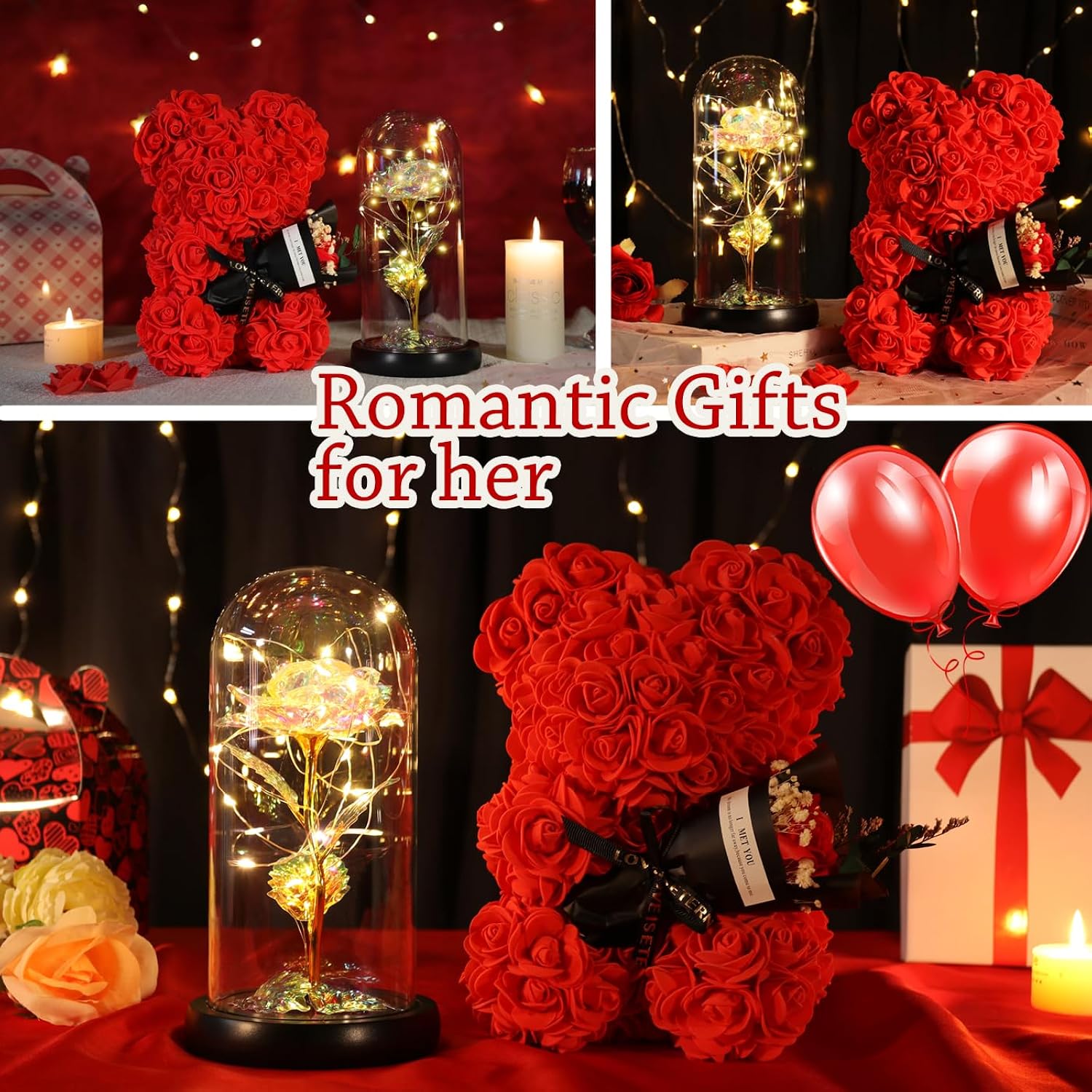 Valentines Day Gift For Her Women Mom Wife Girlfriend, Rose Bear & Beauty And The Beast-Inspired Rainbow Light-Up Roses Gift Set – Perfect For Valentine’S, Birthday Mother’S Day,And Anniversary