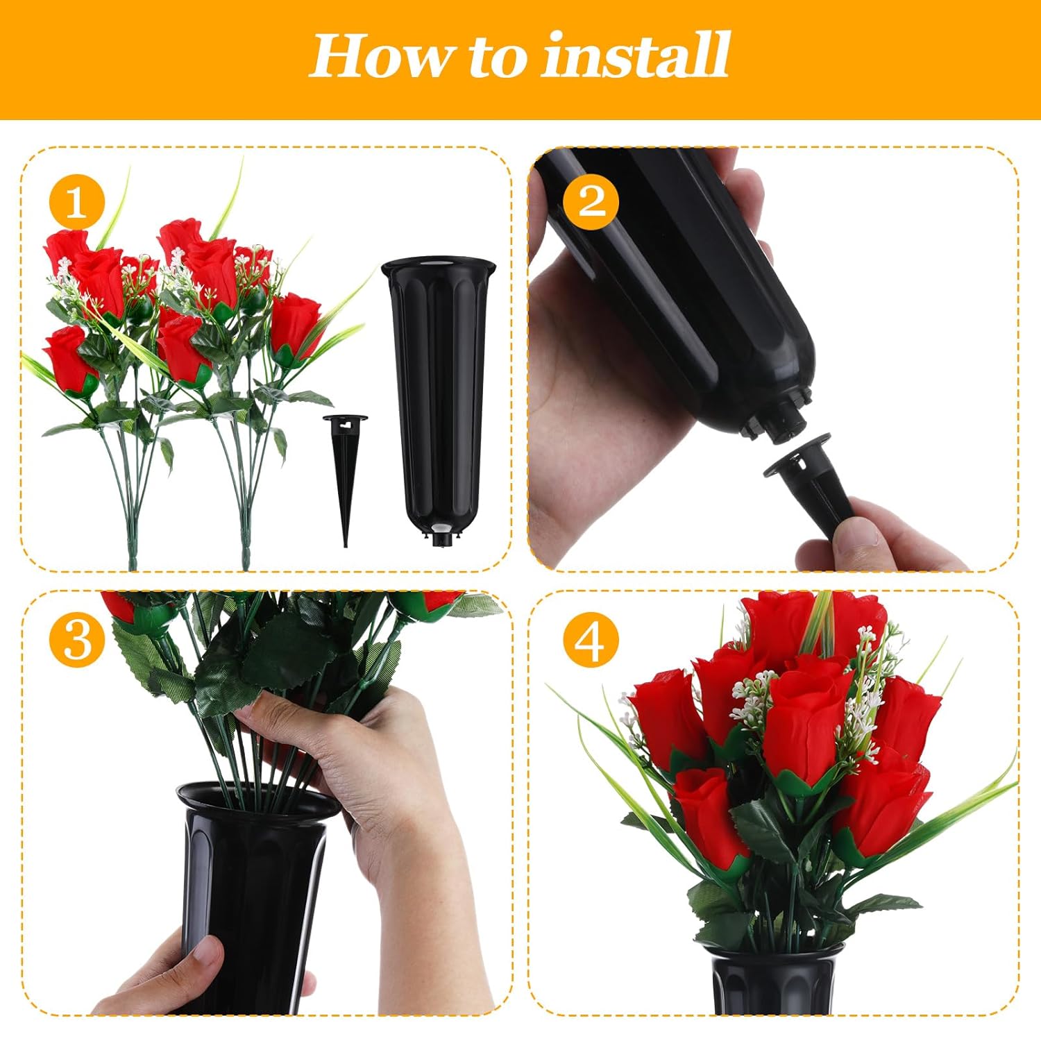 6 Sets Cemetery Flowers With Grave Vase 12 Bunches Memorial Day Artificial Rose Bouquet 84 Heads Fake Spring Silk Cemetery Flower For Graveside Decor(Red)