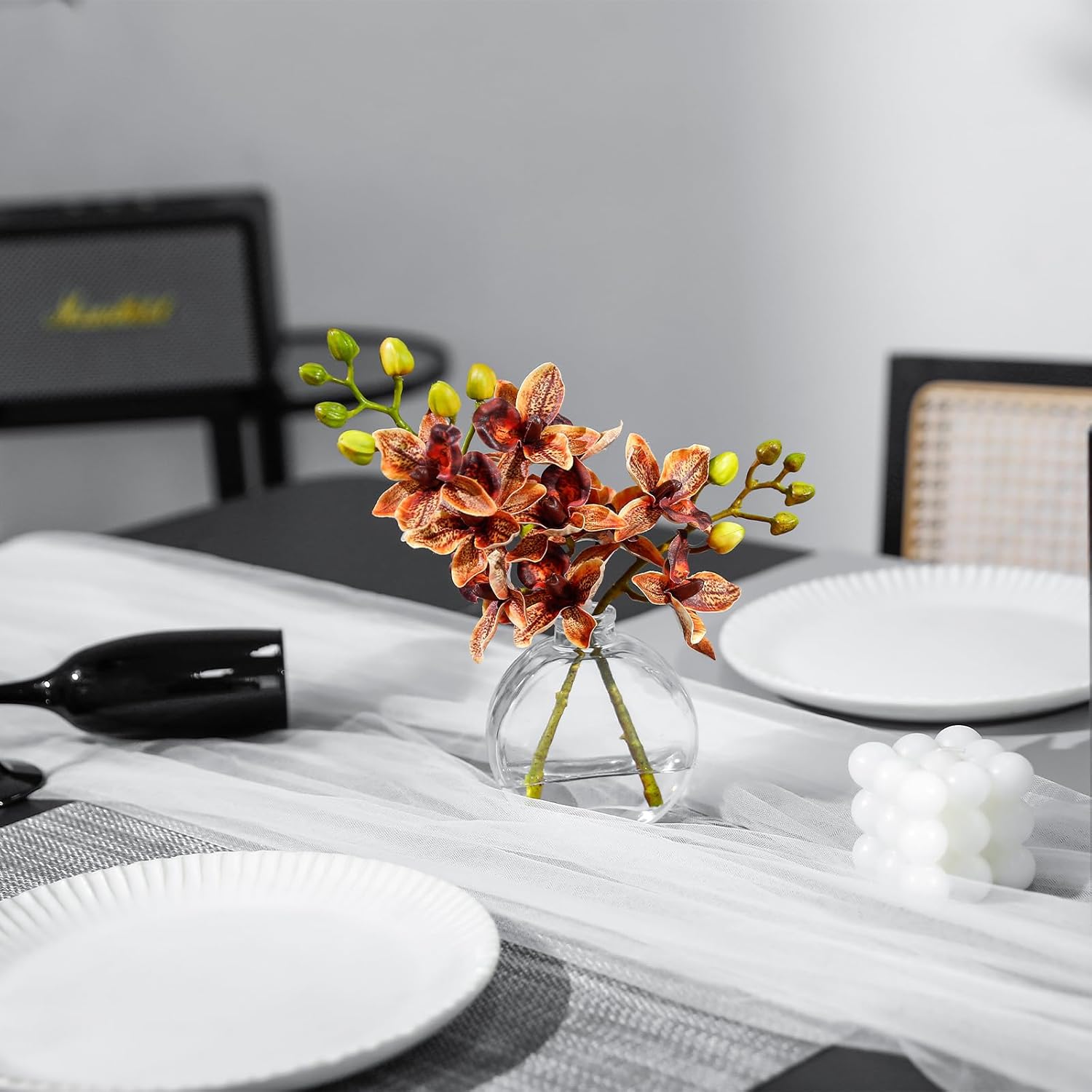 Artificial Orichid Artificial Flowers In Clear Glass Water?Filled Vase – Silk Fake Plants Table Centerpiece For Home, Shelf, Office & Dining Decor, Maintenance?Free(Light Orange)