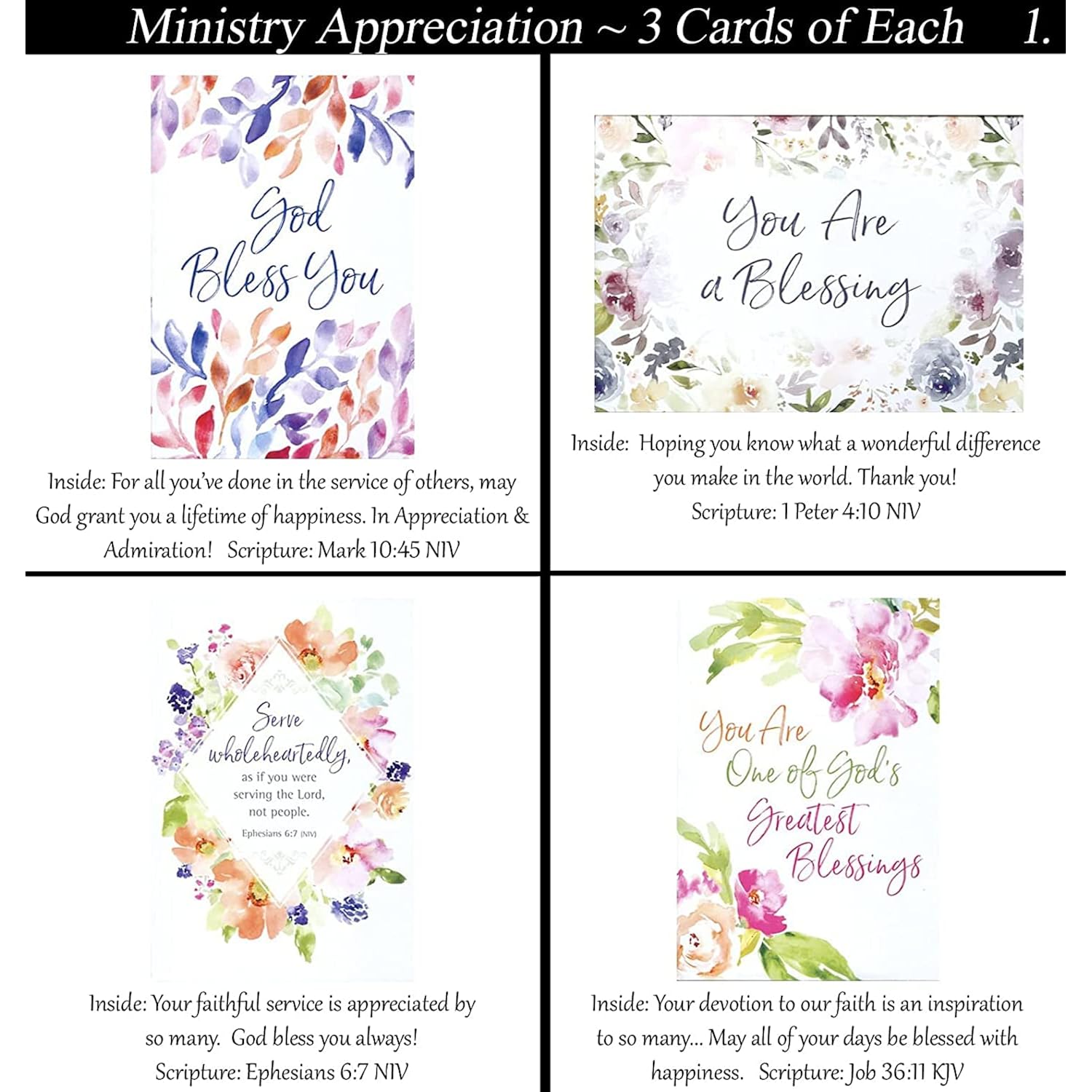 Ministry/Service Appreciation ~ 36 Card Set ~ Religious Greeting Card Assortment W/Scripture ~ Pastor Appreciation Cards