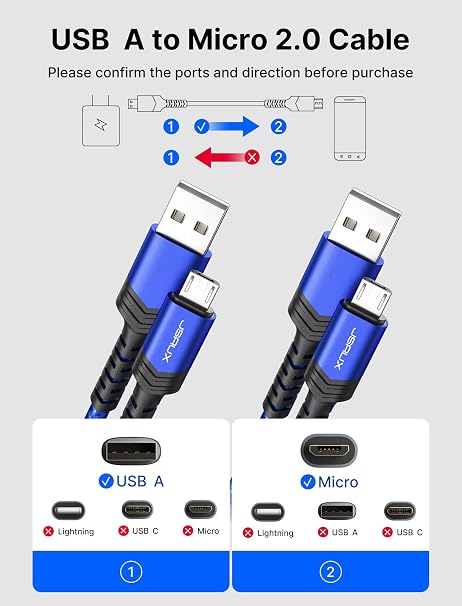 2 Pack 6.6FT Micro USB Cable Fast Charging Braided Android Charger Cord for Samsung Galaxy Kindle MP3 Blue