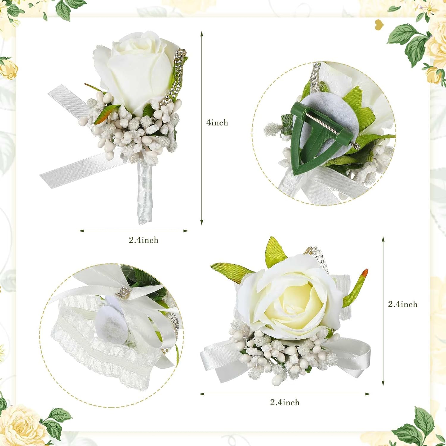 12 Pcs Wedding White Corsage And Boutonniere Set For Bride, Bridesmaid, Includes 6 Artificial Corsage Wristlet And 6 Boutonniere For Men Wedding Wrist Corsage Rose Prom Suit Decorations
